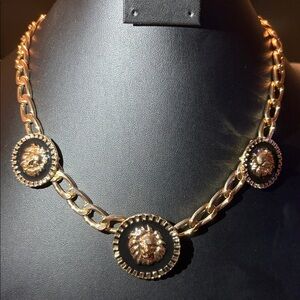 Golden Lion Head Medallion Statement Necklace
